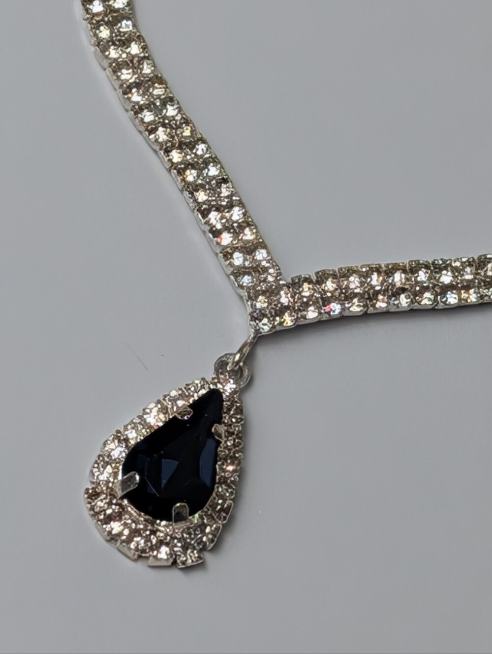Vintage Silver Tone Multi-Row Rhinestone Black Pear Pendant Necklace